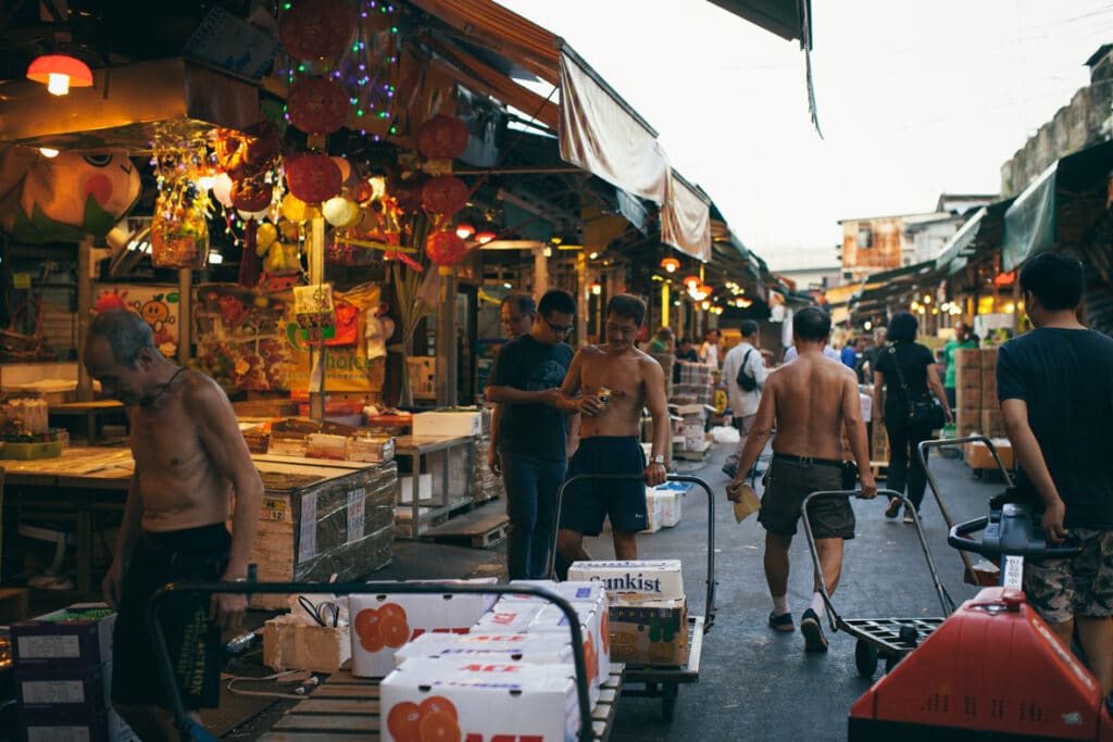 Trucks Loaded with Boxes of Fruits in Yau Ma Tei Fruit Market